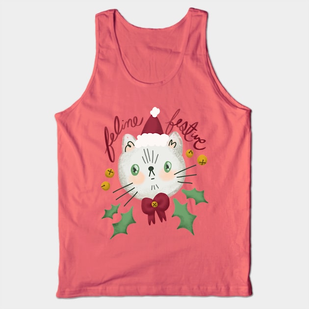 Feline Festive - Christmas cat illustration with bells and holly Tank Top by KodiakMilly